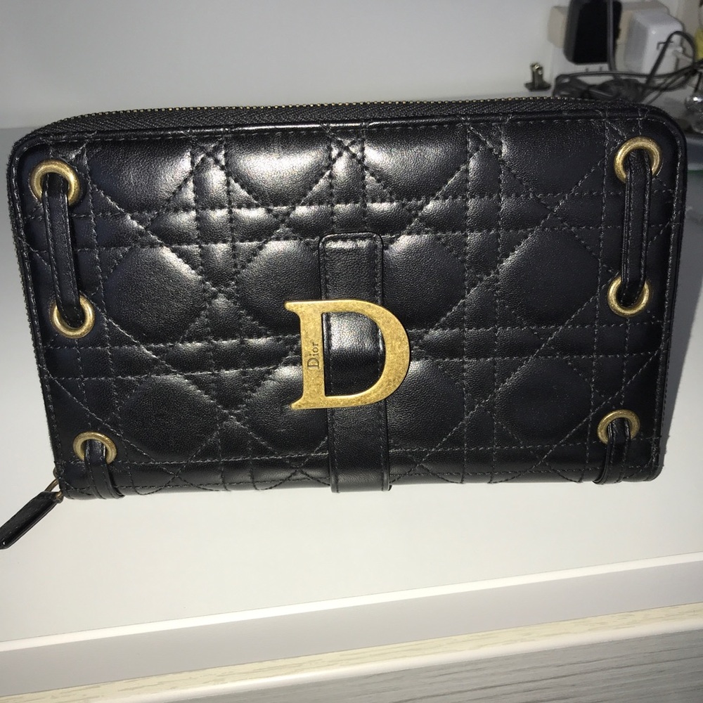 Dior Black Quilted Leather Wallet with Brushed Gold D Hardware